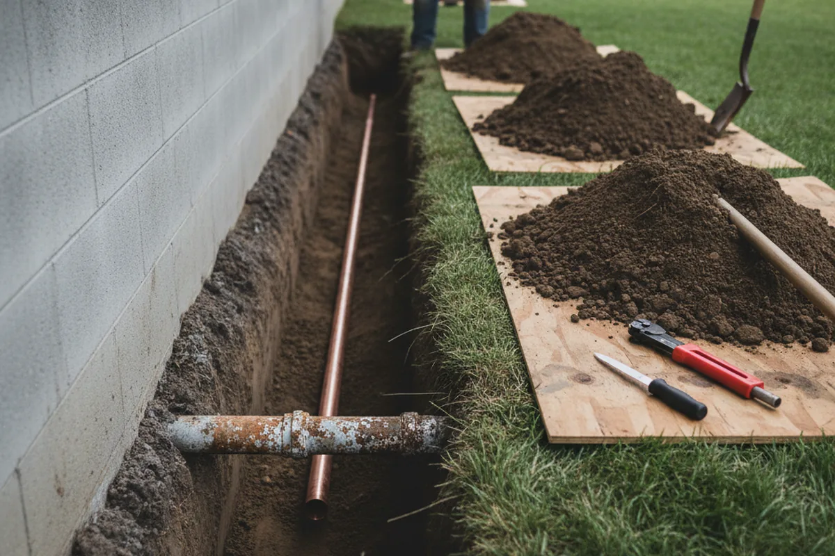 Excavated water line trench during Water Softener Installation in Mansfield